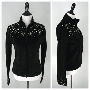 Maurice Sasson Black Leather Silver Studded Knit Sweater Sleeve Zip Jacket Small